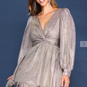 Skies Are Blue Gold V-Neck Babydoll Dress with Bishop Sleeves